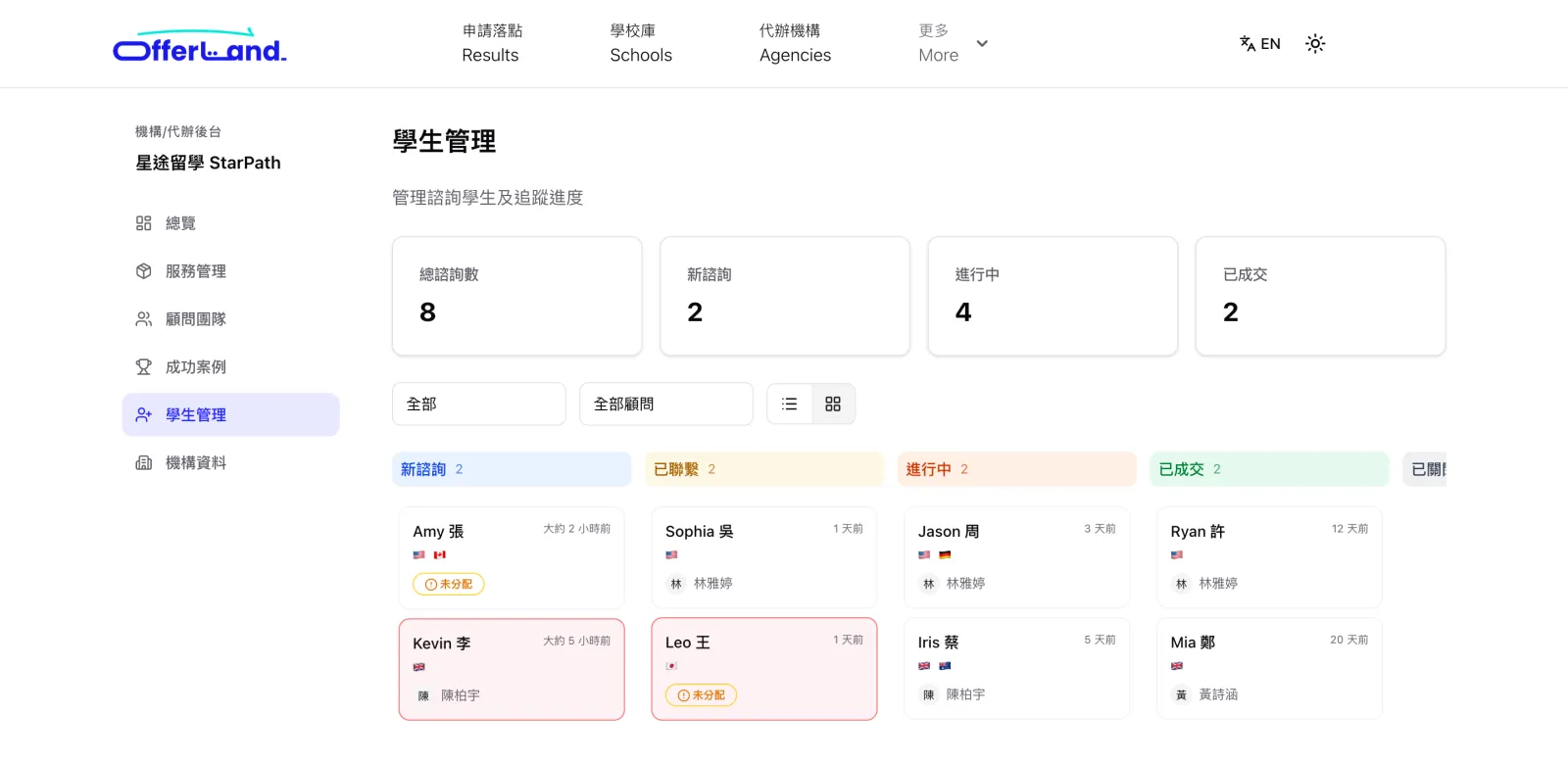 學生管理看板,依諮詢狀態分欄